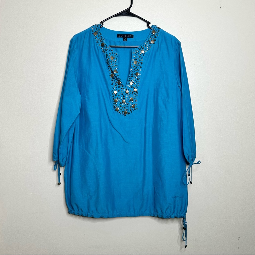Lafayette 148 Silk Tunic Top Blue Embellished Beaded Split Neckline size 10